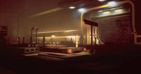 Atmospheric industrial setting with dramatic lighting and reflections at nigh Stock Illustration