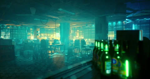 Atmospheric interior of a modern bar with vibrant lighting and empty tables Stock Footage 324956657