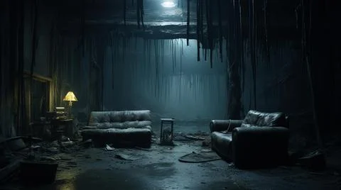 Atmospheric low-lit interior featuring two old, worn-out sofas and a small light Stock Photos
