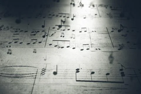 Atmospheric music background with notes on old paper in black and white 3d il Stockillustratie
