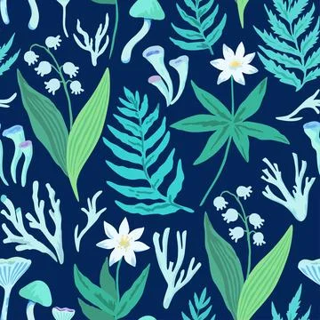 Atmospheric seamless pattern with plant forest elements, spring flowers, ferns Stock Illustration