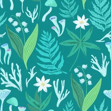 Atmospheric seamless pattern with plant forest elements, spring flowers, ferns Stock Illustration