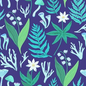 Atmospheric seamless pattern with plant forest elements, spring flowers, ferns Stockillustratie