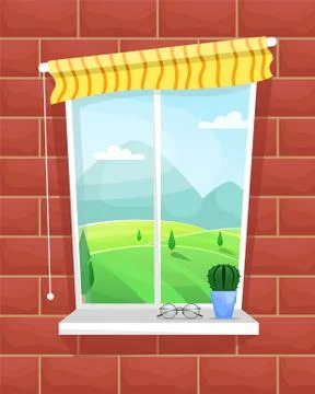 Atmospheric summer window with a cactus and eyeglasses. Cozy  interior. Ilustración de archivo