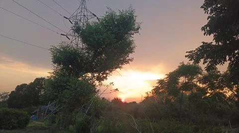 Atmospheric Sunset Glow Behind Clouds with Tree Silhouettes Stock Photos