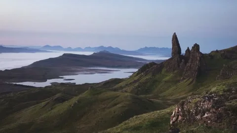 Atmospheric top view of the high sharp cliffs towering over the lakes and the Stock Footage 141663867
