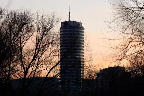 An atmospheric view at jenas tower while sunset Stock Photos