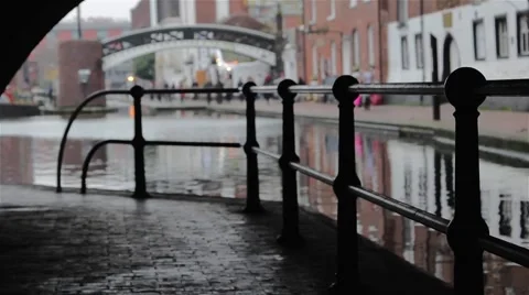 Atmospheric View Shallow Focus Railing Bridge Broad Street Canal Birmingham 库存影片 44524643