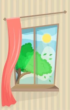 Atmospheric window with a curtain. Cozy view on the sun and tree. Stock Illustration