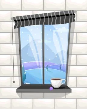 Atmospheric winter window with a cup of hot tea. Cozy winter days Stock Illustration