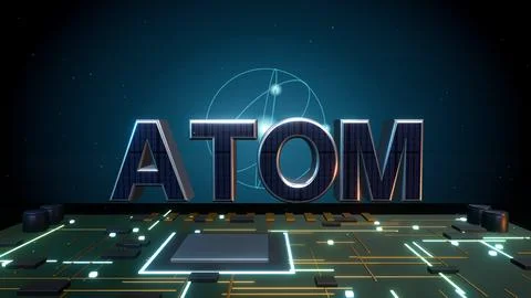 ATOM 3D Text with an Atomic Orbit on a Circuit Board 스톡 일러스트