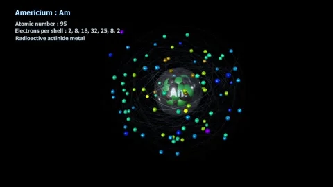 Atom of Americium with 95 Electrons in infinite orbital rotation on black Stock-Footage 338323693