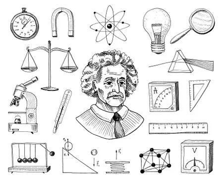 Atom and voltmeter with perpetual motion, circuit and graph. engraved hand drawn イラスト素材