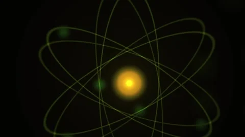 Atom Animation with Glowing Nucleus and Orbiting Green Particles Stock Footage 344719459