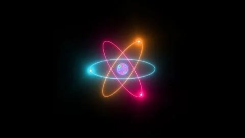 Atom animation neon glowing brown cyan pink color in black background Stock Footage 267966746