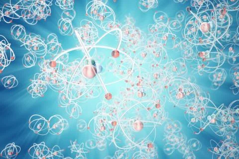 Atom background, shining nuclear model atoms and electrons. Physics concept. 3d Stock Illustration