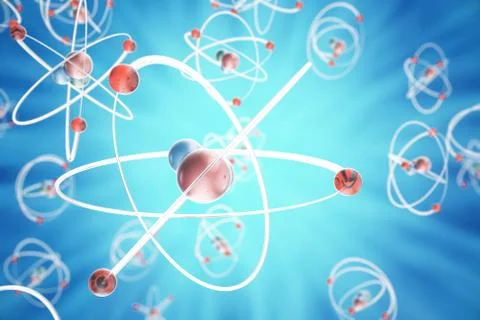 Atom background, shining nuclear model atoms and electrons. Physics concept. 3d Stock Illustration