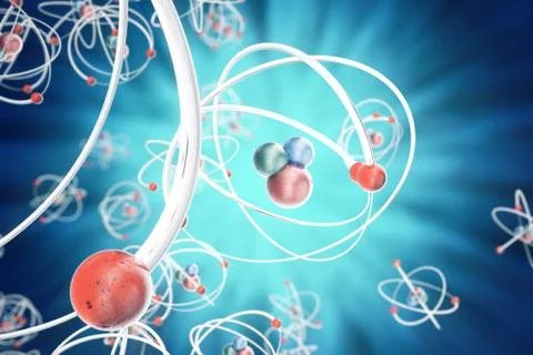 Atom background, shining nuclear model atoms and electrons. Physics concept. 3d Stock Illustration