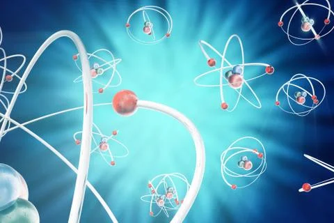 Atom background, shining nuclear model atoms and electrons. Physics concept. 3d Stock Illustration