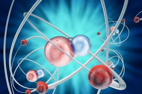 Atom background, shining nuclear model atoms and electrons. Physics concept. 3d Stock Illustration