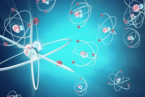 Atom background, shining nuclear model atoms and electrons. Physics concept. 3d Stock Illustration