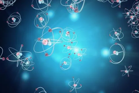 Atom background, shining nuclear model atoms and electrons. Physics concept. 3d Stock Illustration