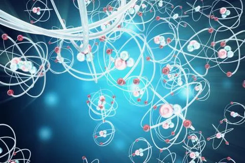 Atom background, shining nuclear model atoms and electrons. Physics concept. 3d Stock Illustration