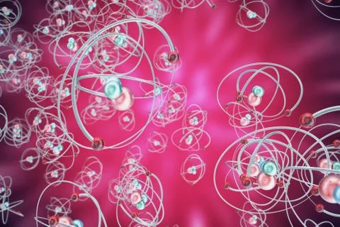 Atom background, shining nuclear model atoms and electrons. Physics concept. 3d Stock Illustration