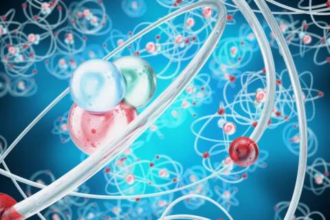 Atom background, shining nuclear model atoms and electrons. Physics concept. 3d Stock Illustration