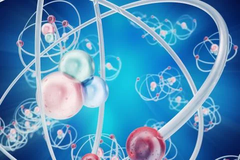 Atom background, shining nuclear model atoms and electrons. Physics concept. 3d Stock Illustration