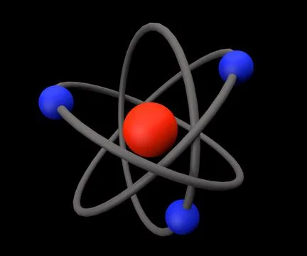 Atom on a black background, electrons in orbits around the nucleus of an atom Stock Illustration