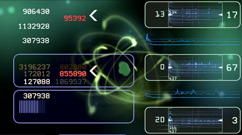 Atom. Control display data of nuclear reaction Stock Footage 68905200