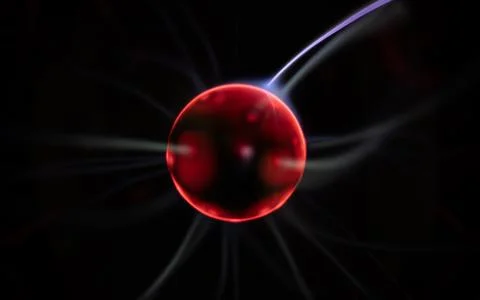 Atom core inside plasma globe emits electric glow. Plasma field wraps atom co Illustration