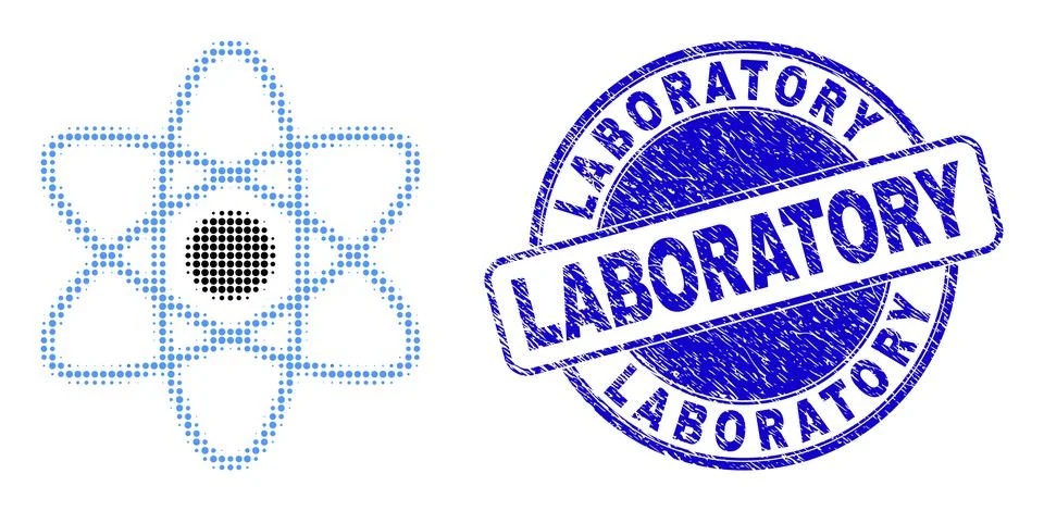 Atom in Halftone Dot Style with Blue Distress Laboratory Watermark Illustrazione stock