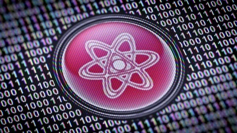 Atom icon. Binary code ( array of bits ) in the screen. Looping footage Stock Footage 110704097