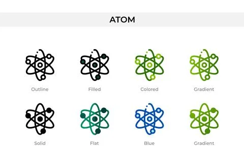 Atom icon in different style. Atom vector icons designed in outline, solid,.. イラスト素材