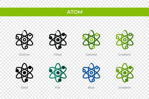 Atom icon in different style. Atom vector icons designed in outline, solid,.. イラスト素材