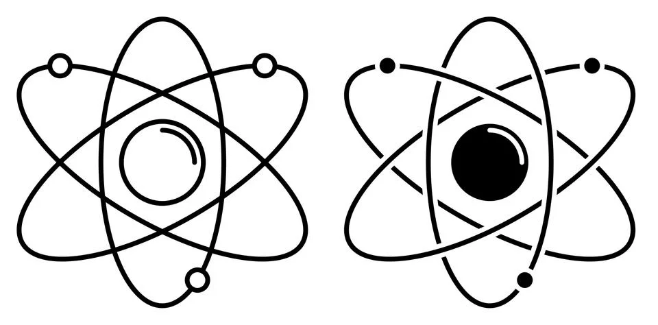 Atom icon. Electrons revolve around proton in orbits. School education Stock Illustration