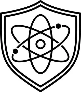 Atom icon with nucleus and orbiting electrons in black and white vector style Illustration