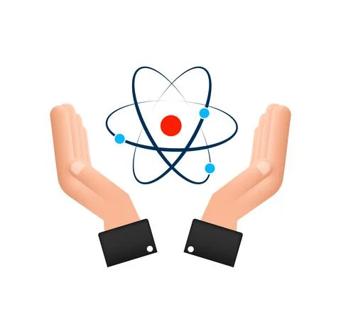 Atom icon over hands vector, atom symbols on white background. Stock Illustration