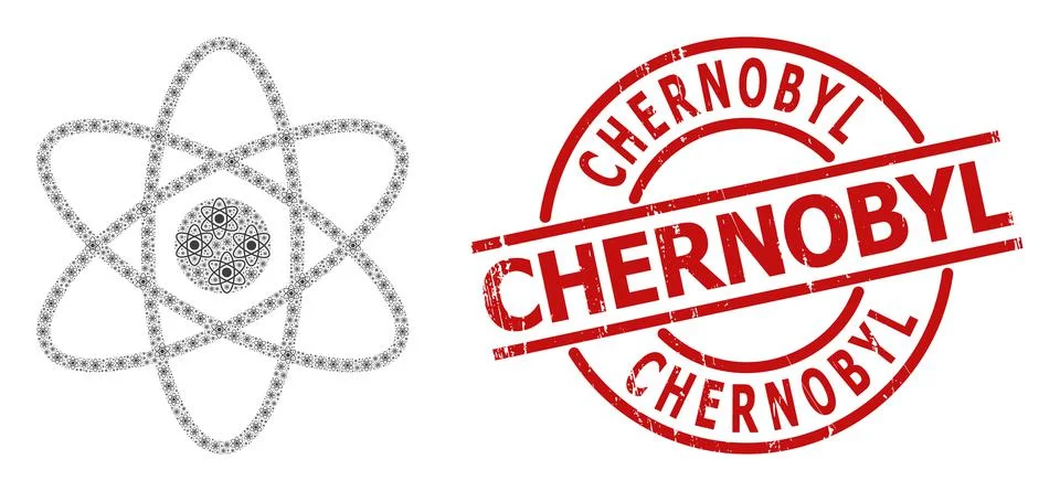 Atom Icon Recursive Mosaic and Distress Chernobyl Seal Stock Illustration