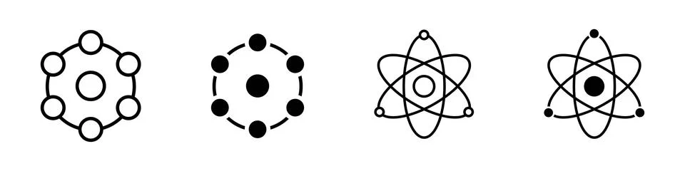 Atom icon set. Molecular particles vector sign. Nuclear orbit model symbol... Stock Illustration