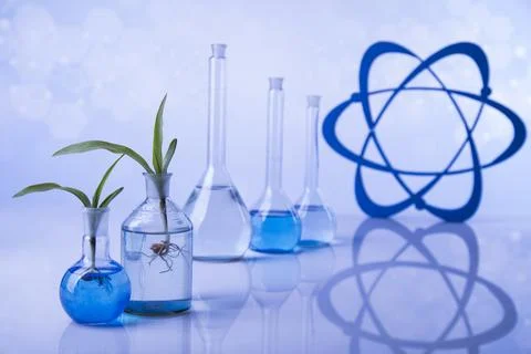 Atom, Laboratory glassware, genetically modified plant Stock Photos