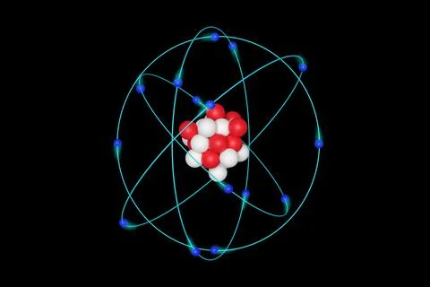 Atom. Model of atomic structure with nucleus, electrons and orbits isolated o Illustrazione stock