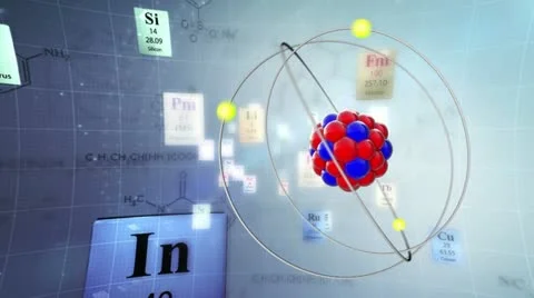 Atom model with elements of Periodic table and chemical formulas Stock-Footage 10902961