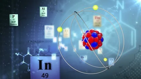Atom model with elements of Periodic table and chemical formulas Stock-Footage 10902974