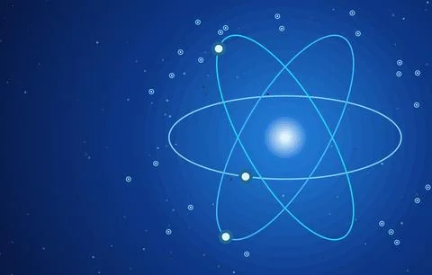Atom model with glowing electron orbits and nucleus vector illustration on blue イラスト素材