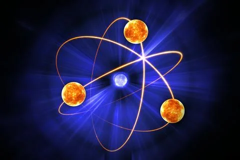 Atom model, nuclear science symbol. Three electrons rotate in orbits around.. Stock Illustration
