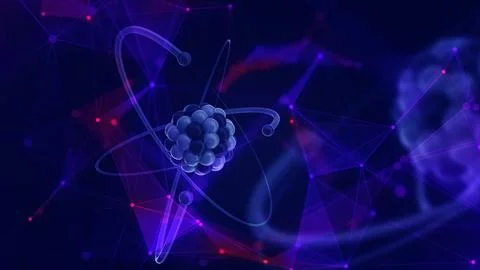 Atom molecule model in deep digital plexus network. Illustrazione stock
