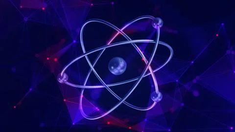 Atom molecule model in deep digital plexus network. Illustrazione stock